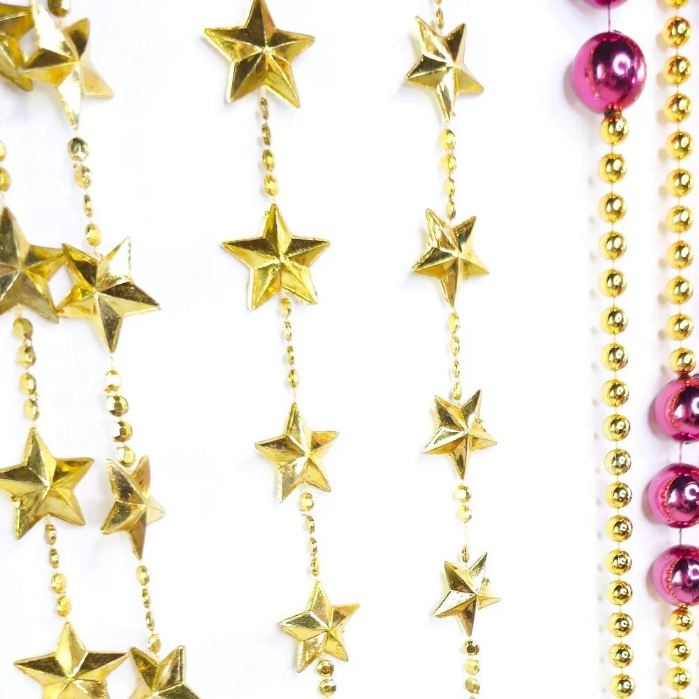 Holiday Plastic Gold Star and Hot Pink and Gold Colored Beaded Garland Set